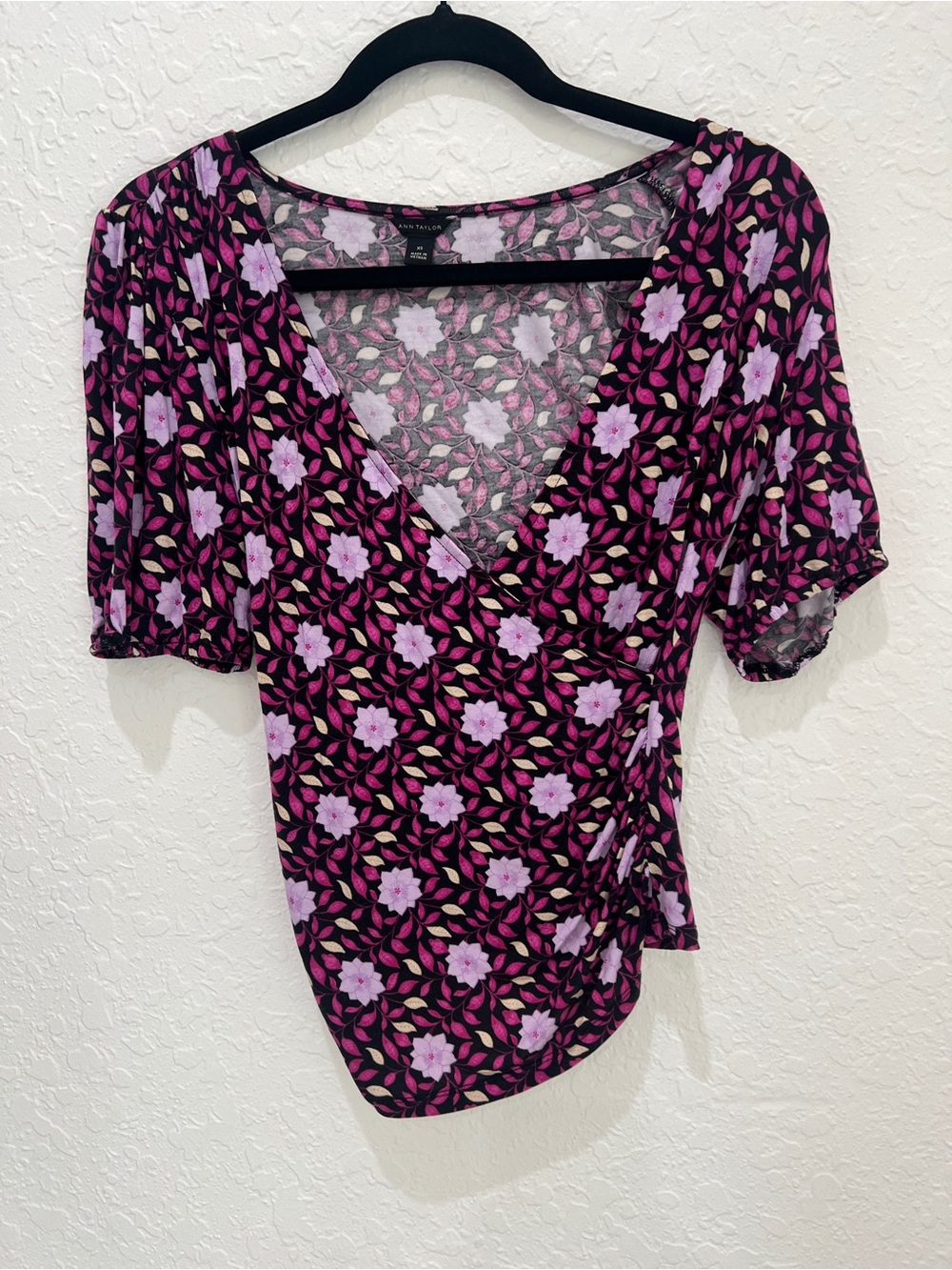 Floral Wrap V-Neck Top - Black & Pink
